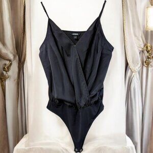 Express Black Satin Pleated Faux Wrap‎ Cami Bodysuit